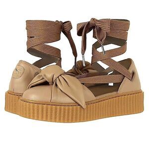 Fenty X Puma Rihanna Bow Creeper Ankle Laced Tan Leather Platform Sandals 7.5
